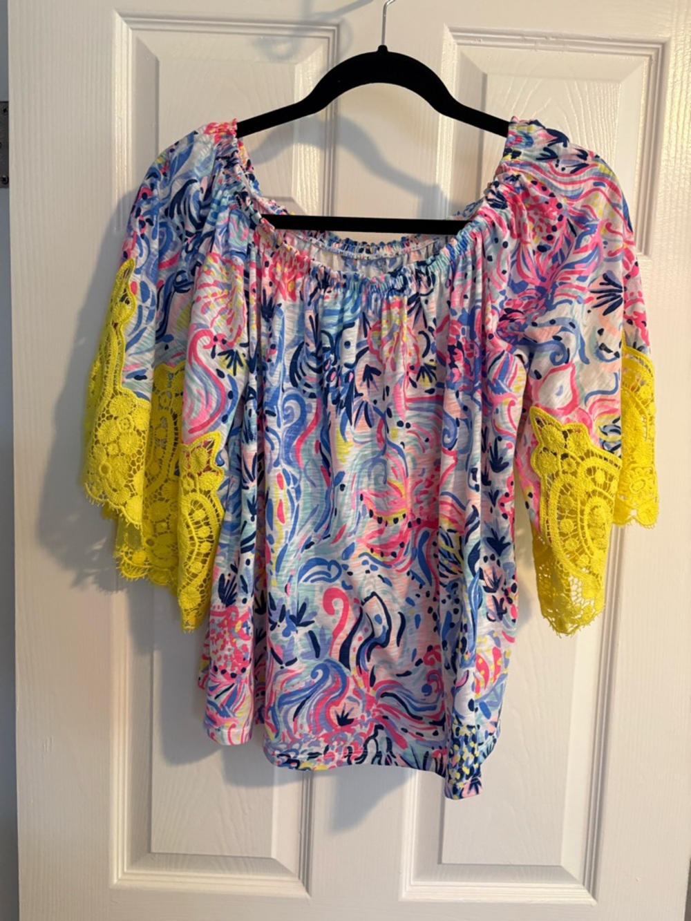 Lilly Pulitzer Multicolor Off-Shoulder Top with Yellow Lace Sleeves